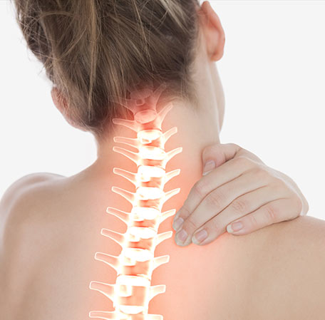 Woman with illuminated spine suffering from neck pain